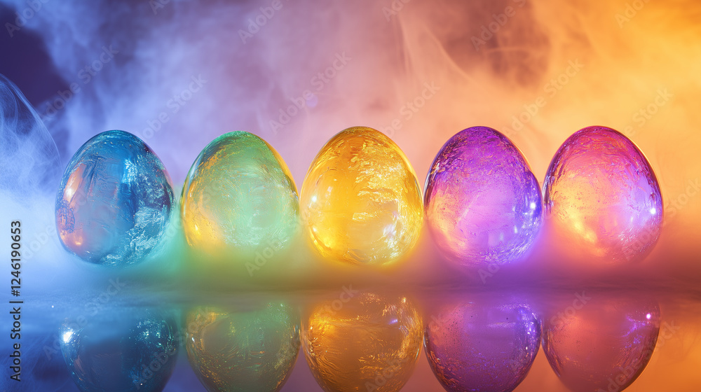 Poster crystal easter eggs reflecting vibrant rainbow colors create a mesmerizing display in soft light