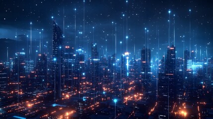 Obraz premium A cityscape with many buildings and lights. The city is lit up and he is futuristic