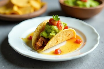 A single mini taco with salsa and guacamole on a white plate, appetizer, clean, solo plate