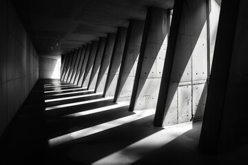 Naklejka premium Abstract interplay of light and shadows within urban architecture at sunset creating captivating reflections and patterns on urban structures