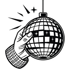 Hand holding a round 3D globe mirrored disco sphere, a global icon of round decoration, reflects a 3D disco ball.