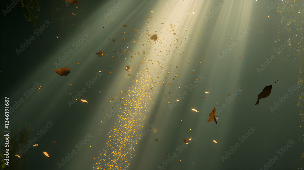 Poster mystical underwater scene with golden particles and falling leaves illuminated by a sunbeam, creatin