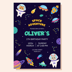 Space invitation for birthday party. Space elements and animals astronauts bunny and fox. Poster, postcard, greeting card.
