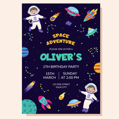 Space invitation for birthday party. Space elements and children astronauts. Poster, postcard, greeting card.