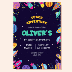 Space invitation for birthday party. Space elements. Poster, postcard, greeting card.