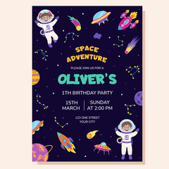 Space invitation for birthday party. Space elements and children astronauts. Poster, postcard, greeting card.