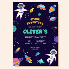 Space invitation for birthday party. Space elements and children astronauts. Poster, postcard, greeting card.