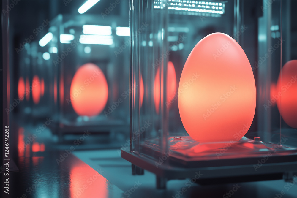 Poster futuristic laboratory conducting experiments on illuminated eggs in transparent containers