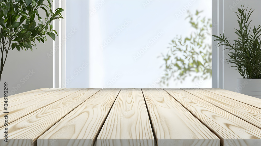 Poster empty light wooden table in front of a window with plants, perfect for product display