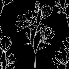 Seamless Pattern Botanical Magnolia Outline Branch Big Design on Black Background