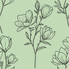 Seamless Pattern Botanical Magnolia Outline Branch Big Design on Pastel Green Background