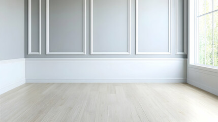 Fototapeta premium Empty room with grey walls and white trim, hardwood floor, and large window. Possible use Interior design inspiration or virtual staging