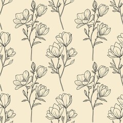 Seamless Pattern Botanical Magnolia Outline Branch Small Design on Pastel Yellow Background