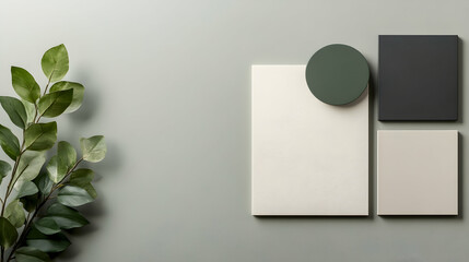 Geometric shapes and plant, neutral background, for design inspiration