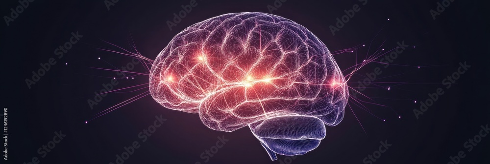 Poster scientific depiction of brain activity with glowing neuron pathways and electrical pulses illustrati