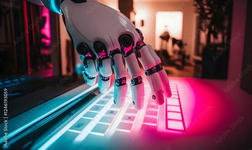 Poster robotic hand using a glowing keyboard, futuristic technology concept. artificial intelligence, digit