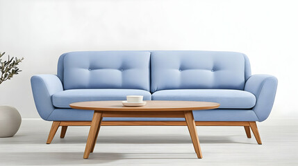 Light Blue Sofa and Wooden Coffee Table in Modern Living Room
