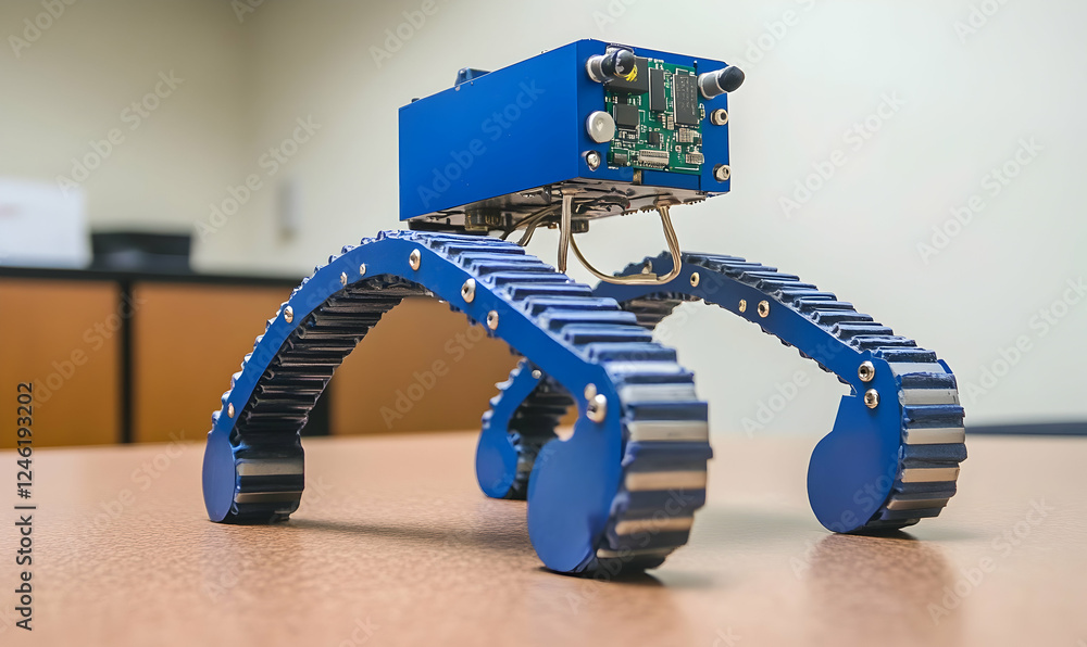 Poster a close-up shot of a small, blue, tracked robot on a wooden table. the robot's circuitry is visible.
