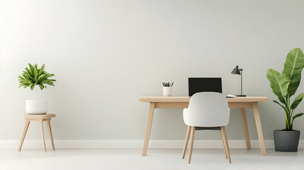 Minimalist home office workspace with plants, modern chair, and desk