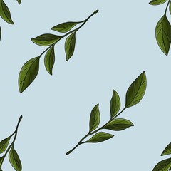 Seamless Pattern Elegant Green Magnolia Leaves Big Design on Pastel Blue Background