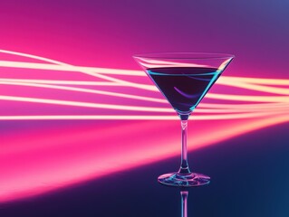 Elegant drink glowing under neon lights with colorful background hues