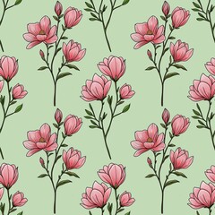 Seamless Pattern Elegant Magnolia Branch Small Design on Pastel Green Background