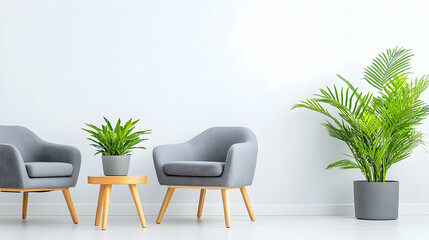 Modern grey armchairs with a small wooden table and palm plant in a white room. Interior design. Possible use Home decor inspiration