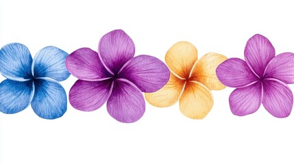 Obraz premium Watercolor Plumeria Flower Row Blue, Purple, Yellow Hues on White