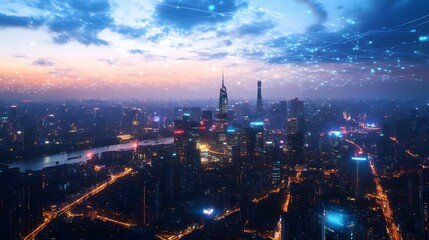 A city skyline at night with a blue sky in the background. The city is lit up with lights and the sky is filled with stars