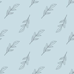 Seamless Pattern Elegant Outline Magnolia Leaves Small Design on Pastel Blue Background