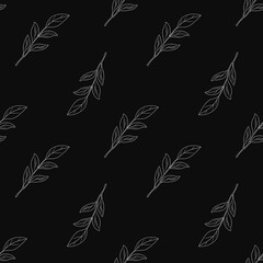 Seamless Pattern Elegant Outline Magnolia Leaves Small Design on Black Background