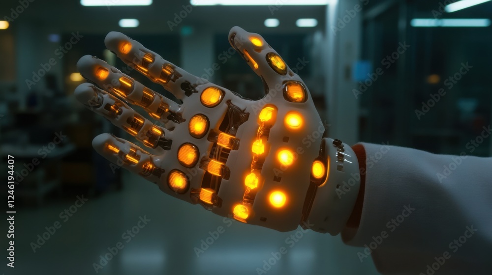 Aufkleber futuristic robotic hand with glowing elements in a modern lab setting