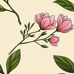 Seamless Pattern Green Magnolia Leaves with Magnolia Branch Big Design on Pastel Yellow Background
