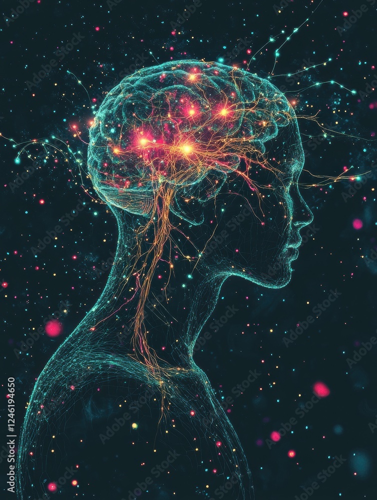 Aufkleber scientific depiction of the brain and nervous system with glowing neuron pathways and electrical pul