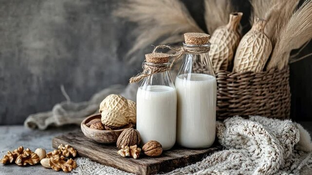 Nut Milk and Walnuts: Two glass bottles of creamy nut milk sit on a rustic wooden board, surrounded by walnuts in their shells and a cozy knit throw. The scene is styled with natural elements.