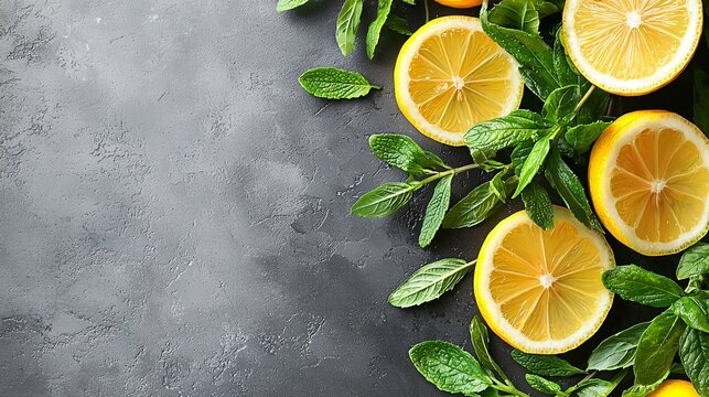 Fresh lemon slices and mint on dark background. Food blog, recipe