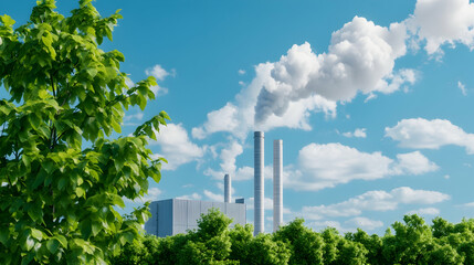 Obraz premium Power plant with trees and blue sky. Industrial landscape with nature. Possible use Environmental awareness image