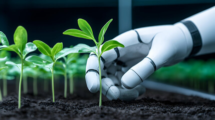 Robot hand tending young plants in controlled environment. Possible use Educational or science stock photo