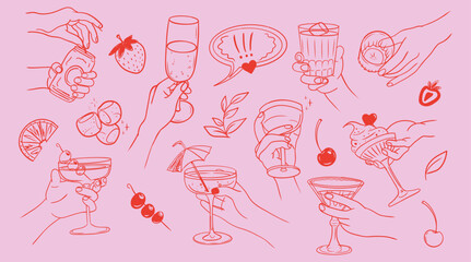 Hand drawn line art vector illustrations of drinks, fruits, and desserts with hands holding glasses, cups, and treats, set on a pink background, perfect for lifestyle, party, or celebration themes
