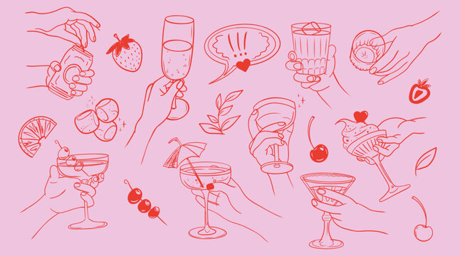 Hand drawn line art vector illustrations of drinks, fruits, and desserts with hands holding glasses, cups, and treats, set on a pink background, perfect for lifestyle, party, or celebration themes - Powered by Adobe