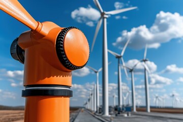A vibrant wind turbine scene featuring an orange device in the foreground, set against a backdrop of white turbines and a clear blue sky.