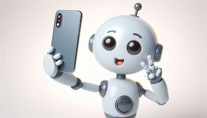 Robot taking a selfie with smartphone fun studio setting digital illustration playful vibe