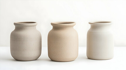 Three neutral-toned ceramic vases, simple shapes, minimalist aesthetic.  Possible use home decor