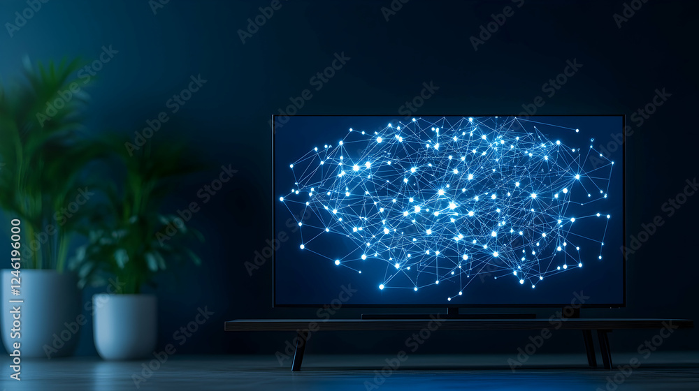 Poster tv screen displaying network data in a modern living room. possible use stock photo for technology, 