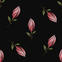 Seamless Pattern Magnolia Bud Big Design on Black Background