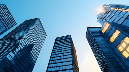 Obraz premium Urban skyscrapers, low angle view, modern architecture, illuminated windows, business district