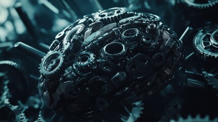 Artificial Intelligence Brain Gears Illustration, mechanical gears forming a brain, symbolizing AI, cognitive technology, and machine learning in a creative, futuristic design.