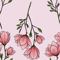 Seamless Pattern Magnolia Flower Line Branch Big Design on Pastel Pink Background