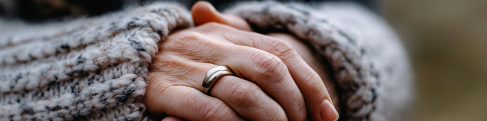 Obraz premium Close-up of Hands Clasped in Knit Sweater with Ring