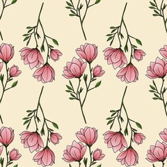 Obraz premium Seamless Pattern Magnolia Flower Line Branch Small Design on Pastel Yellow Background